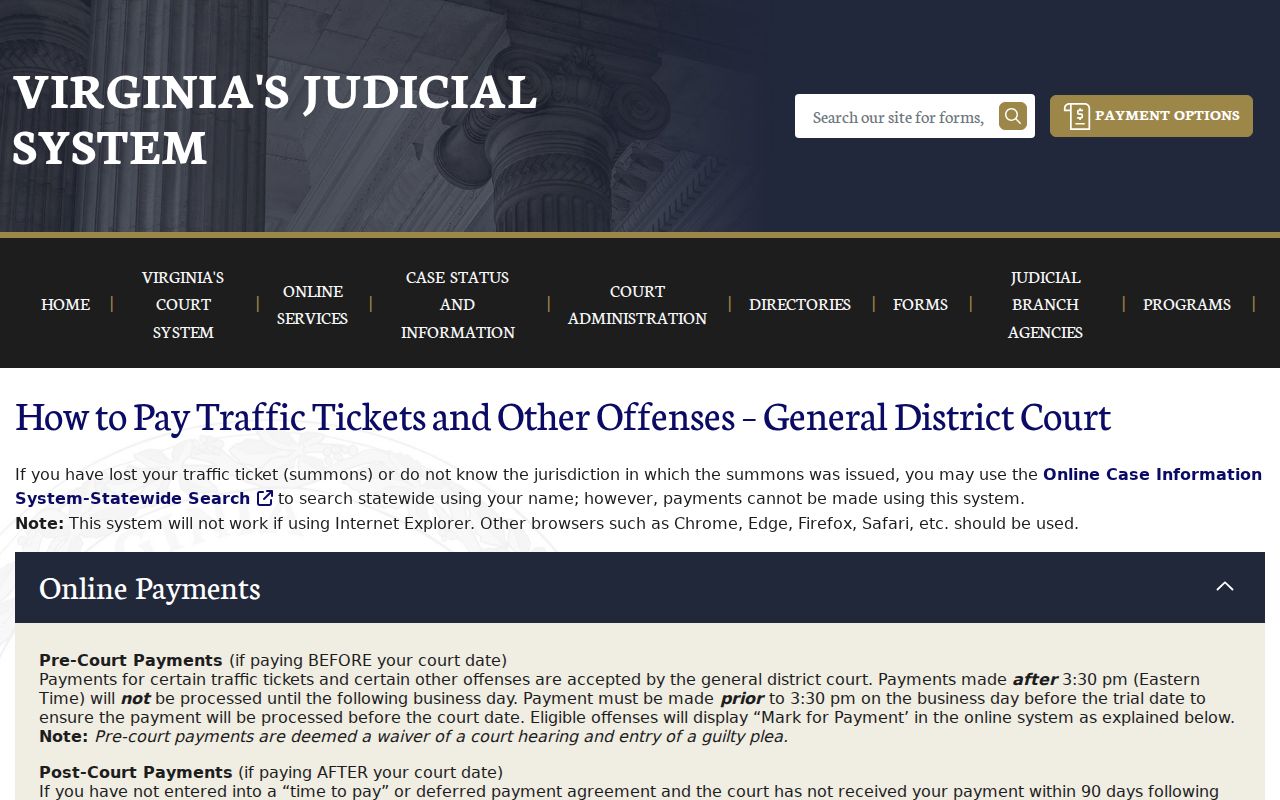 Carroll County traffic warrant: Virginia Courts online ticket payment page