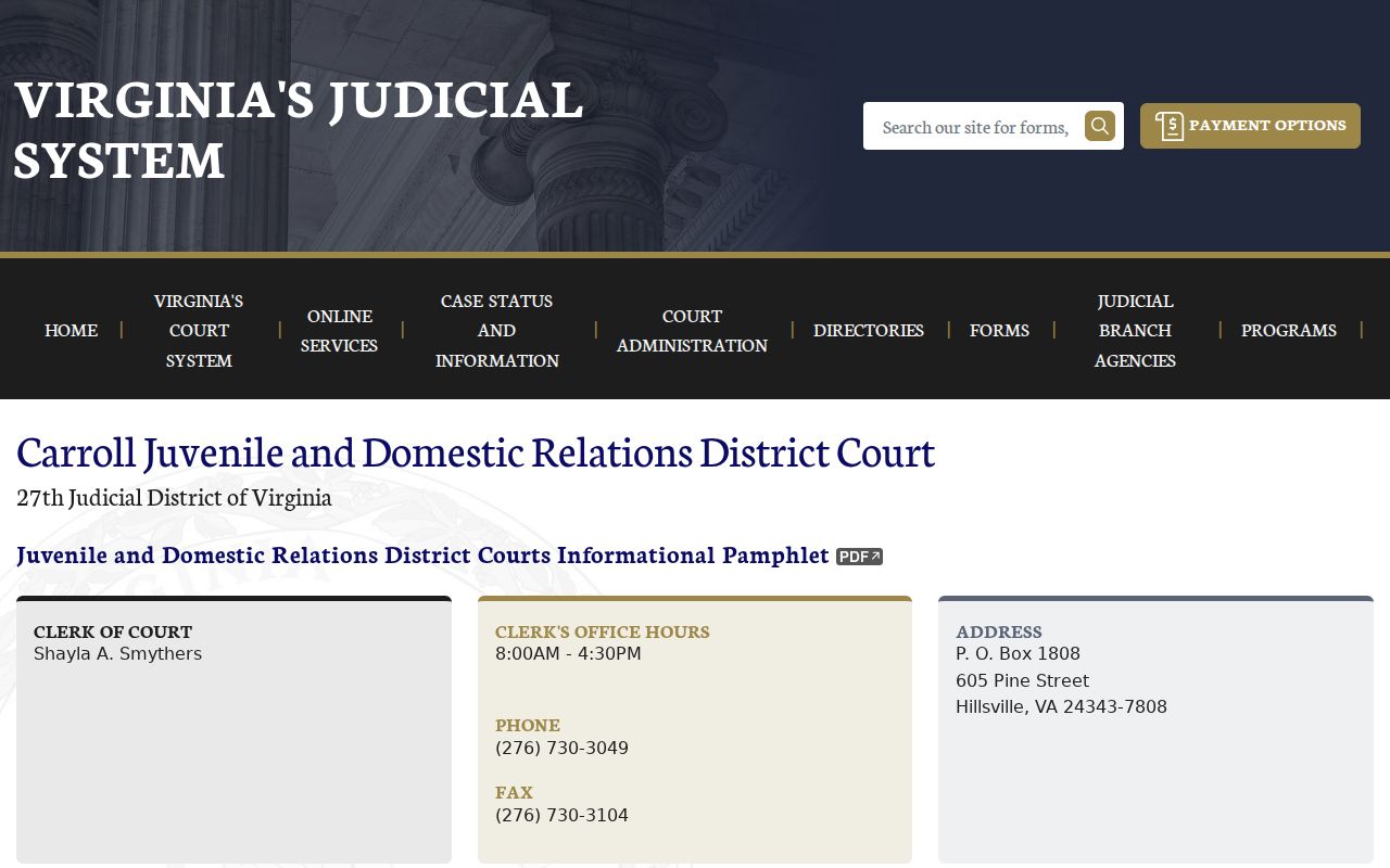 Carroll County warrant search: Juvenile and Domestic Relations court contact page