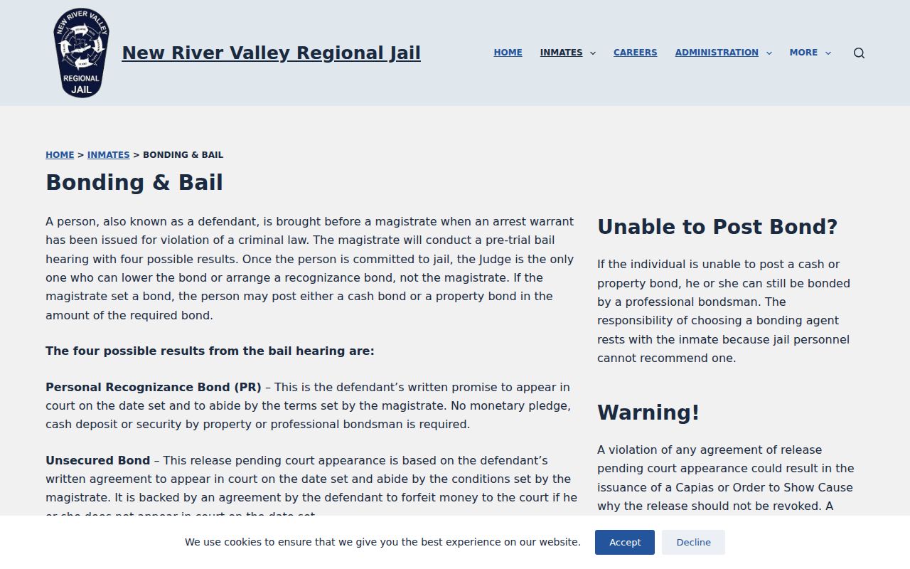 Carroll County bench warrant bond process: New River Valley Regional Jail bonding information